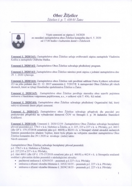 Výpis  usnesení ze zápisu č. 14/2020 ze zasedání zastupitelstva obce Žiželice konaného dne 6.5.2020